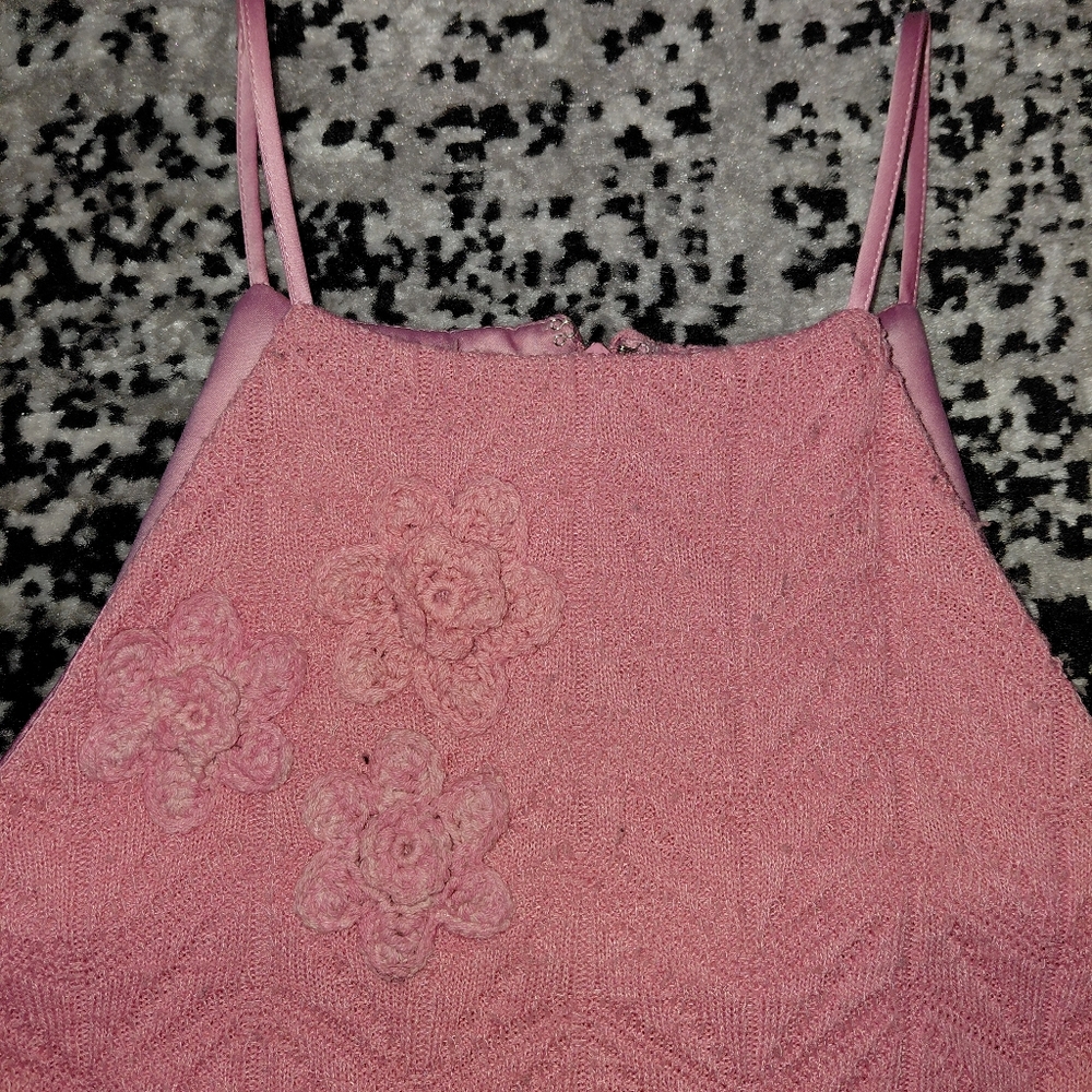 NWT LIKELY 14P Mauve Floral Argyle Crochet Halter Mini Dress | Cottagecore - Picture 7 of 13